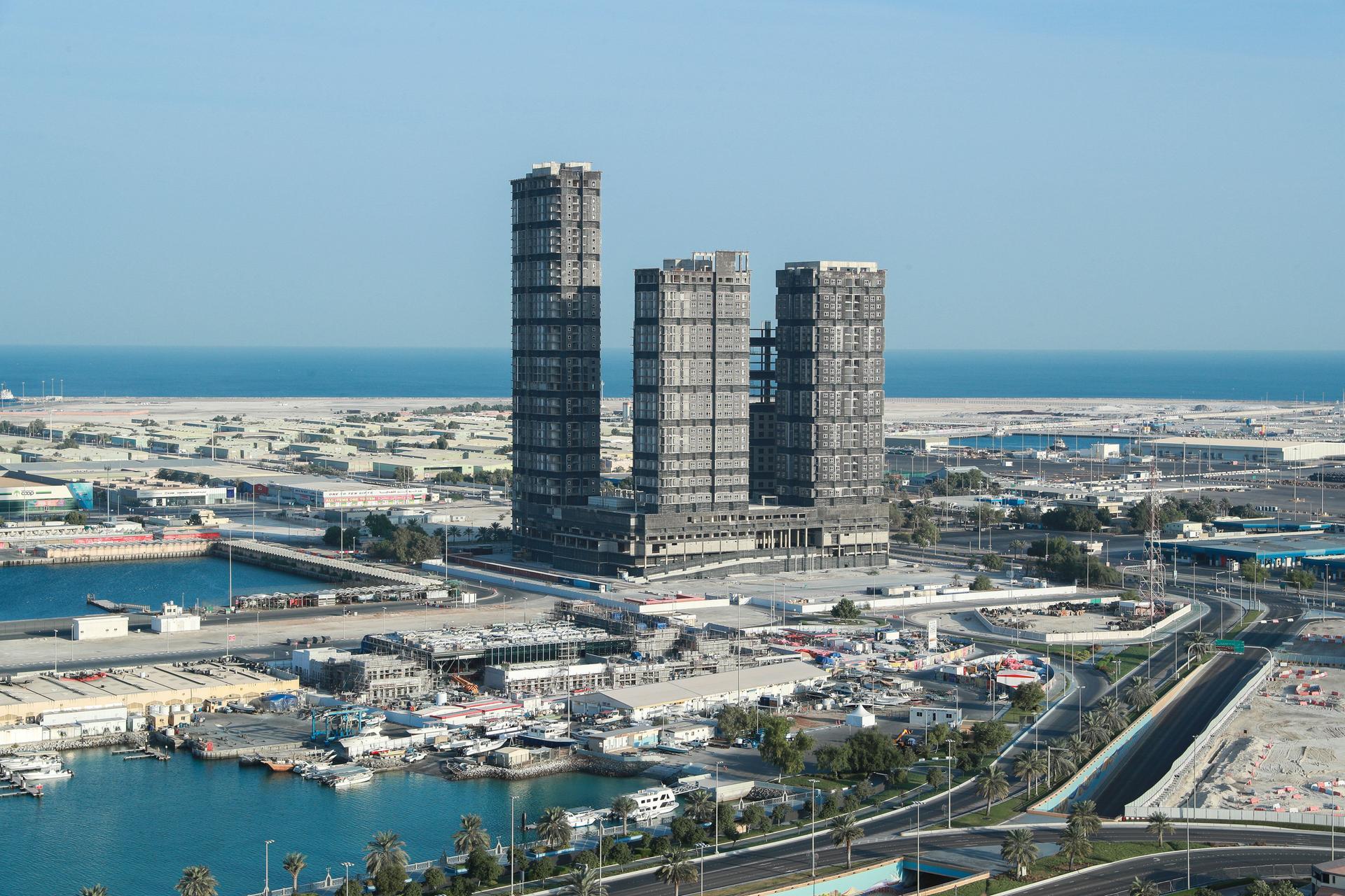 Mina Plaza towers in Abu Dhabi before the documented controlled demolition
